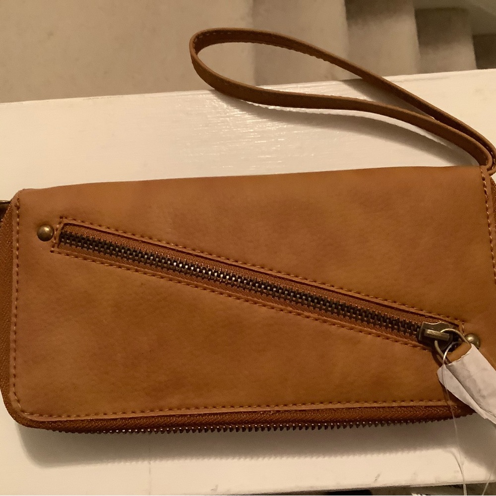 Free People Brown Faux Vegan Leather Zipper Clutch Wristlet NWT